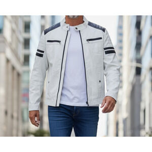 Hard Edge White Faux Leather Bomber Jacket Full Zip Men's Size XL
